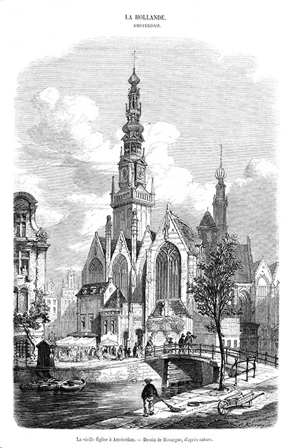 De oude Amsterdamse kerk - gravure gereproduceerd en digitaal gerestaureerd door © Norbert Pousseur