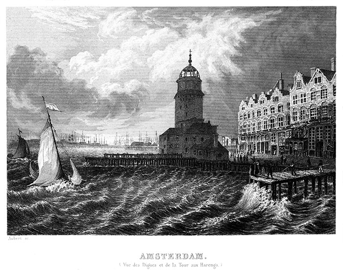 Les digues et la Tour des harengs d'Amsterdam - gravure reproduite et restaurée numériqueemnt par © Norbert Pousseur Les digues et la Tour des harengs d'Amsterdam - gravure reproduite et restaurée numériqueemnt par © Norbert Pousseur