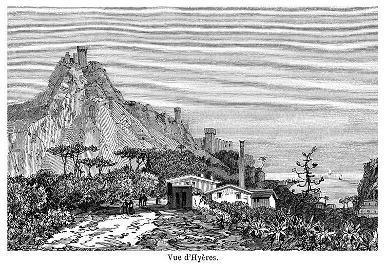 Hyères et la mer vers 1865 - gravure  reproduite et restaurée par © Norbert Pousseur