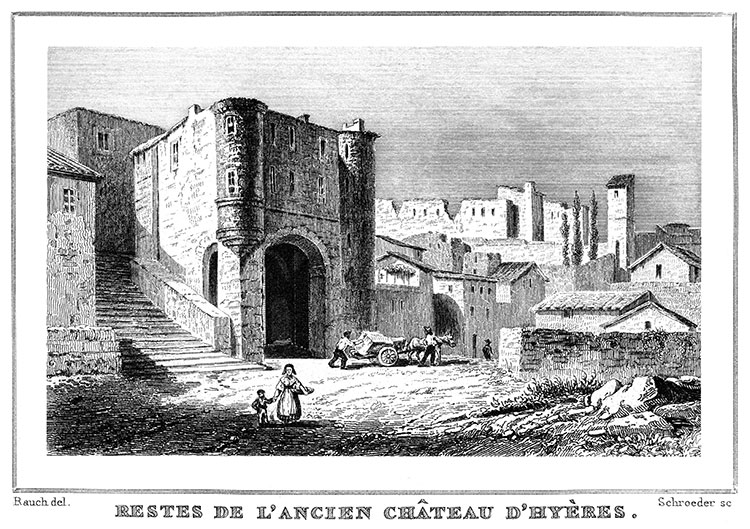 L'ancien château d'Hyères vers 1835 - gravure de Rauch,  reproduite et restaurée par © Norbert Pousseur