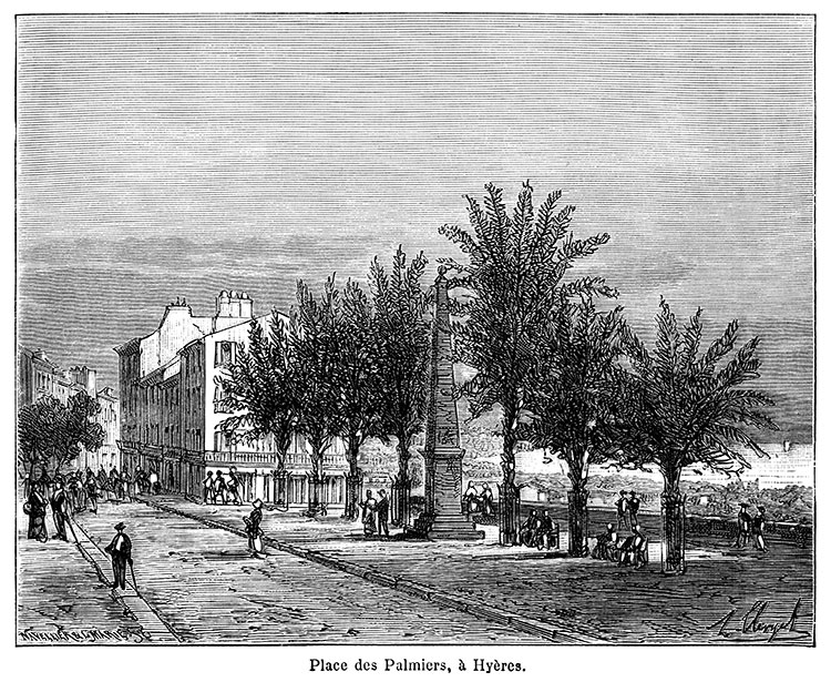 Place des Palmiers à Hyères vers 1880 - gravure  reproduite et restaurée par © Norbert Pousseur