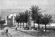 Pour zoom, Place des Palmiers à Hyères vers 1880 - gravure reproduite et restaurée par © Norbert Pousseur