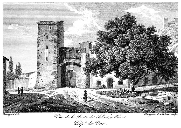 Porte des Salins d'Hyères vers 1825  - gravure de Bourgeois reproduite et restaurée par © Norbert Pousseur