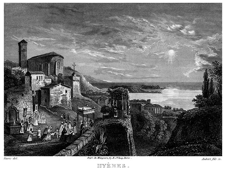 Hyères dominant la mer vers 1845 - gravure  reproduite et restaurée par © Norbert Pousseur