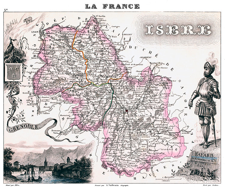 Carte du département de l'Isère en 1851 - gravure reproduite et restaurée numériquement par © Norbert Pousseur