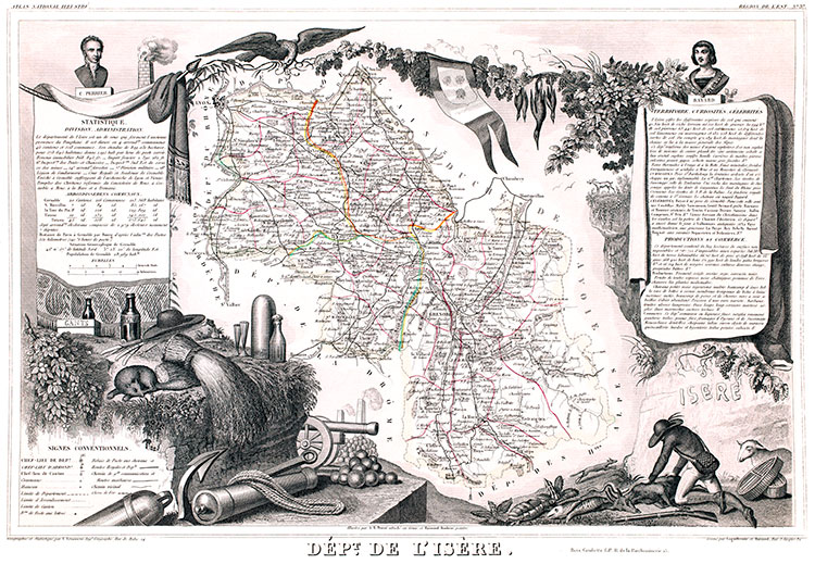 Carte de Levasseur de l'Isère en 1847 - gravure reproduite et restaurée numériquement par © Norbert Pousseur