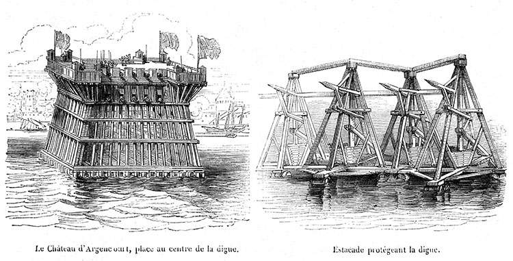 Château d'Argencourt et l'estacade bloquant le port de La Rochelle en 1627 - gravure reproduite et restaurée numériquement par © Norbert Pousseur