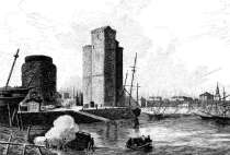 Zoom sur La Rochelle vue des quais, vers 1830 - gravure reproduite et restaurée numériquement par © Norbert Pousseur