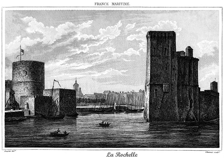 La Rochelle vue de la mer, vers 1830  - gravure reproduite et restaurée numériquement par © Norbert Pousseur