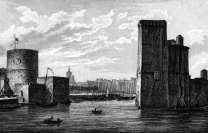 Zoom sur La Rochelle vue de la mer, vers 1830  - gravure reproduite et restaurée numériquement par © Norbert Pousseur