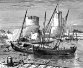 Zoom sur Barques au port de La Rochelle, vers 1880,  - gravure reproduite et restaurée numériquement par © Norbert Pousseur