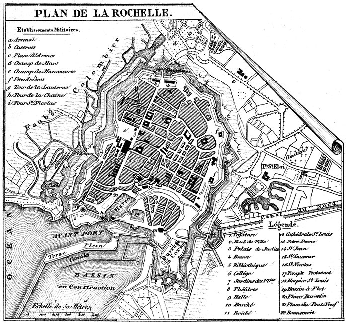 Plan de la Rochelle vers 1880 - gravure reproduite et restaurée numériquement par © Norbert Pousseur