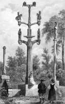 Zoom sur Calvaire de pierre près de Landerneau vers 1840 - gravure reproduite et restaurée numériquement par © Norbert Pousseur