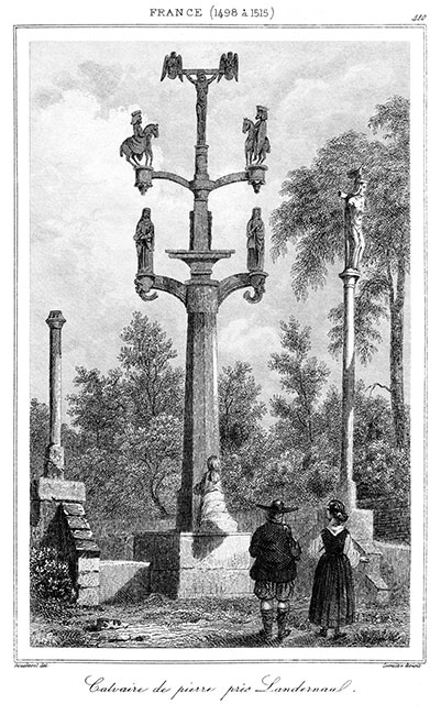 Calvaire de pierre près de Landerneau vers 1840 - gravure reproduite et restaurée numériquement par © Norbert Pousseur