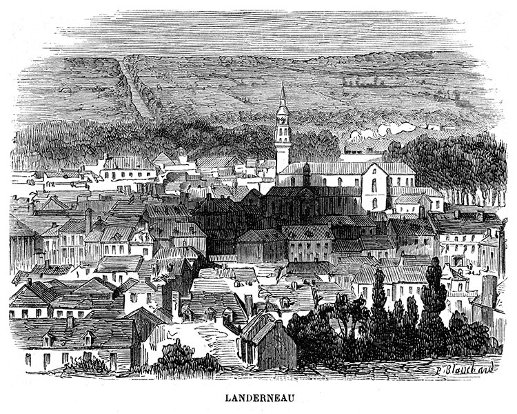 Centre de Landerneau vers 1900  - gravure reproduite et restaurée numériquement par © Norbert Pousseur