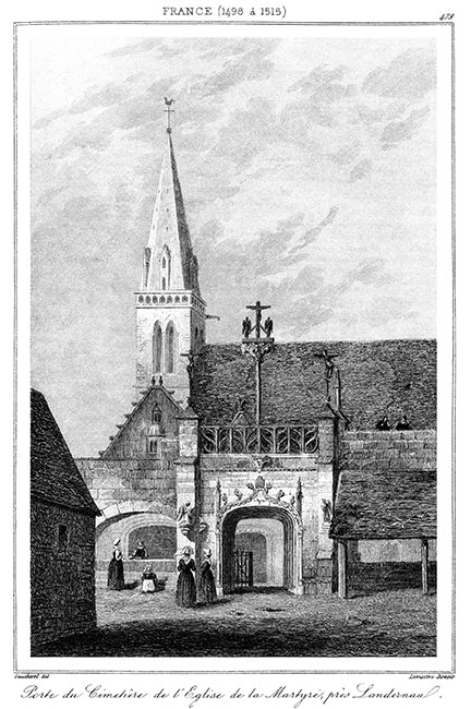Porte du cimetière de l'église de la Martyre, près de Landerneau vers 1840 - gravure reproduite et restaurée numériquement par © Norbert Pousseur