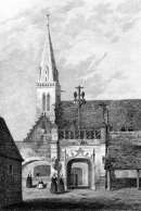 Zoom sur Porte du cimetière de l'église de la Martyre, près de Landerneau vers 1840 - gravure reproduite et restaurée numériquement par © Norbert Pousseur