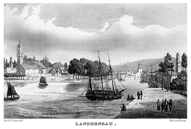 Landerneau depuis son quai vers 1835 - gravure reproduite et restaurée numériquement par © Norbert Pousseur