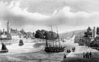 Zoom sur Landerneau depuis son quai vers 1835 - gravure reproduite et restaurée numériquement par © Norbert Pousseur