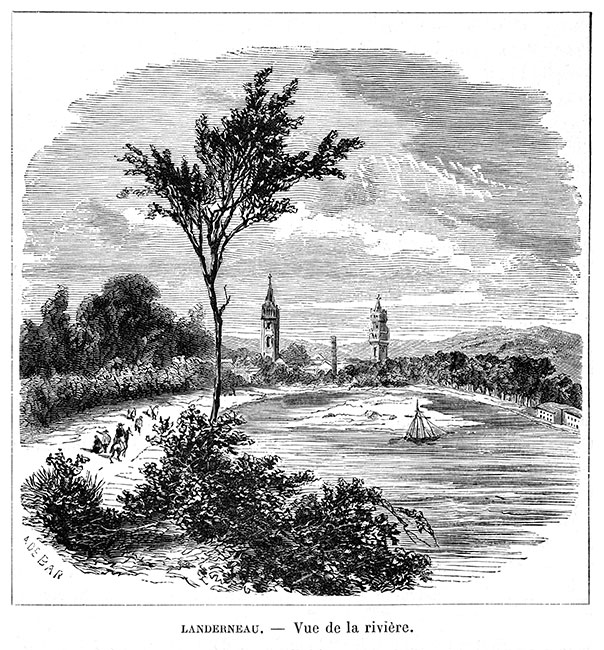 Landerneau depuis la rivière Elorn vers 1900 - gravure reproduite et restaurée numériquement par © Norbert Pousseur