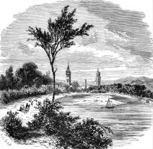 Zoom sur Landerneau depuis la rivière Elorn vers 1900 - gravure reproduite et restaurée numériquement par © Norbert Pousseur