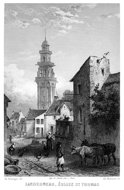 L'église St Thomas à Landerneau vers 1850 - gravure reproduite et restaurée numériquement par © Norbert Pousseur