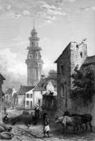 Zoom sur L'église St Thomas à Landerneau vers 1850 - gravure reproduite et restaurée numériquement par © Norbert Pousseur