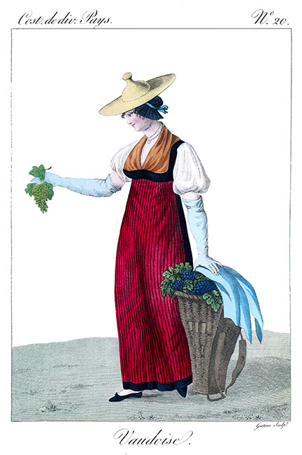 Vaudoise à la récolte du raisin, gravure de L.M. Lanté - gravure reproduite et restaurée numériquement par  © Norbert Pousseur