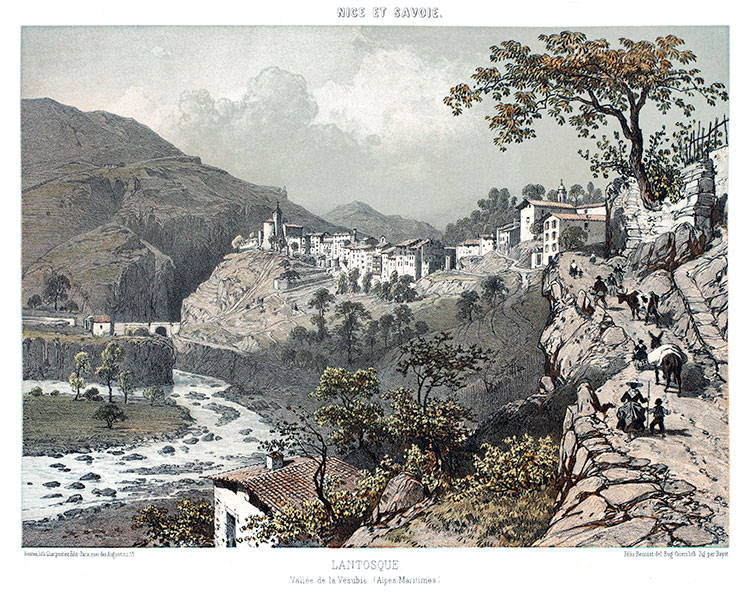 Lantosque vers 1850, gravure de Félix Benoist  - gravure reproduite et restaurée numériquement par © Norbert Pousseur