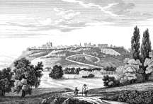 Zoom sur Laon depuis sa campagne, vers 1830 - gravure reproduite et restaurée numériquement par © Norbert Pousseur