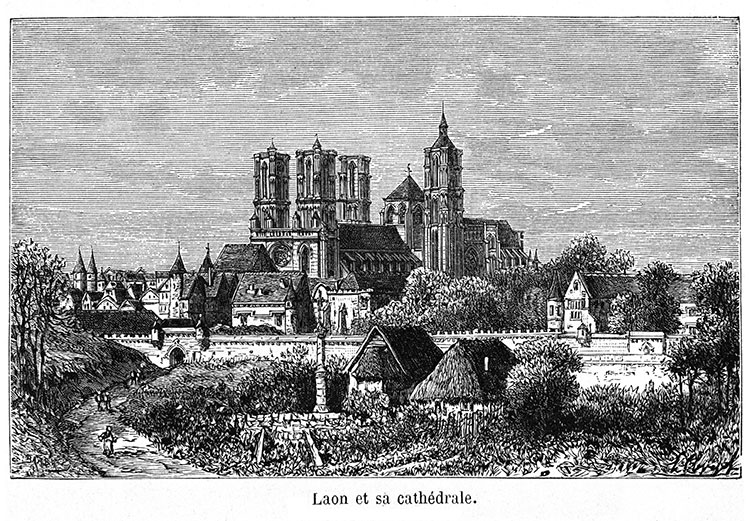 La cathédrale de Laon dans la ville vers 1880 - gravure reproduite et restaurée numériquement par © Norbert Pousseur