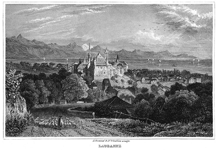 Lausanne vers 1830 depuis une de ses routes d'accès - gravure reproduite et restaurée numériquement par  © Norbert Pousseur