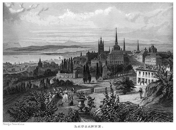 Lausanne vers 1860 depuis la terrasse de l'ancien évêché - gravure reproduite et restaurée numériquement par  © Norbert Pousseur
