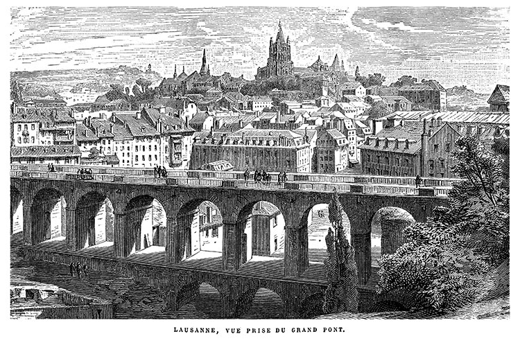 Lausanne, vue du Grand pont, vers 1900 - gravure reproduite et restaurée numériquement par  © Norbert Pousseur