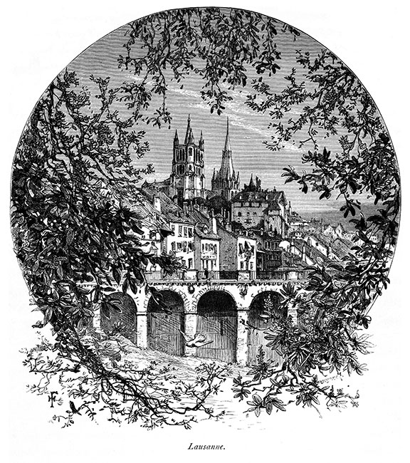 Centre de Lausanne et le grand pont vers 1875, gravure signée Whymper - gravure reproduite et restaurée numériquement par  © Norbert Pousseur