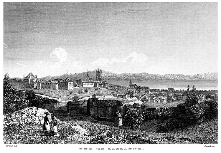 Lausanne vers 1855 vue l'arrière pays - gravure reproduite et restaurée numériquement par  © Norbert Pousseur