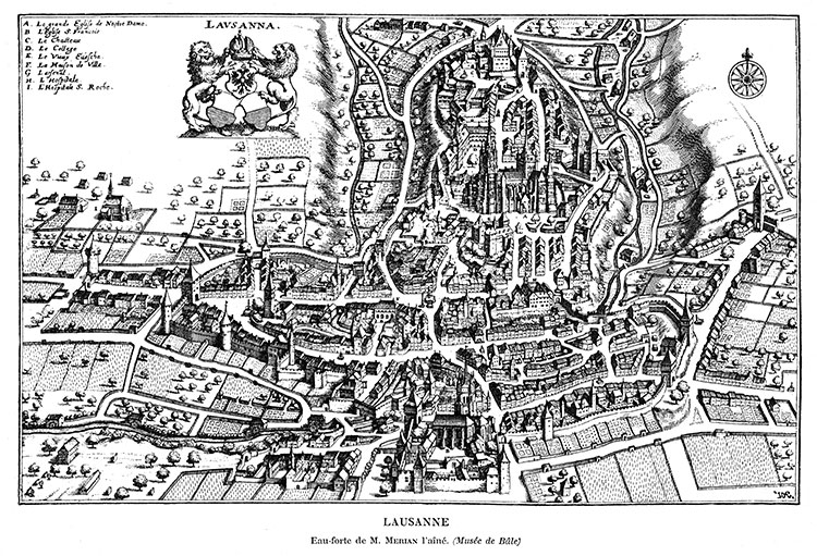 Plan de Lausanne vers 1650, par Matthäus Merian l'Aîné - gravure reproduite et restaurée numériquement par  © Norbert Pousseur