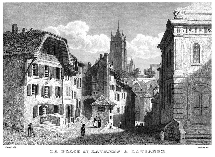 La place St Laurent à Lausanne, vers 1855 - gravure reproduite et restaurée numériquement par  © Norbert Pousseur