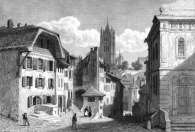 Pour zoom, La place St Laurent à Lausanne, vers 1855 - gravure reproduite et restaurée numériquement par  © Norbert Pousseur
