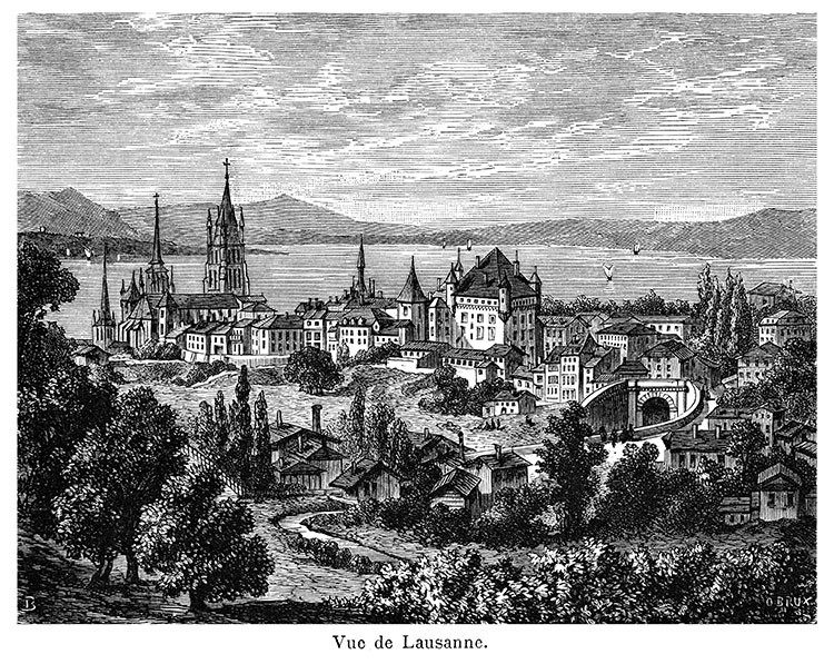 Lausanne, sa cathédrale et son château vers 1870 - gravure reproduite et restaurée numériquement par  © Norbert Pousseur