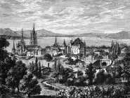 Pour zoom, Lausanne, sa cathédrale et son château vers 1870 - gravure reproduite et restaurée numériquement par  © Norbert Pousseur
