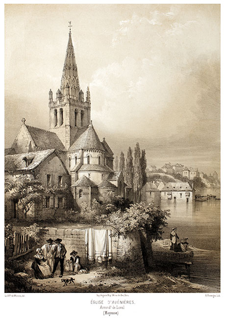 Eglise d'Avenières près de Laval, vers 1850 - gravure reproduite et restaurée numériquement par © Norbert Pousseur