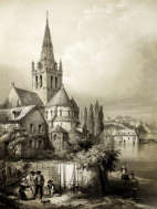 Zoom sur Eglise d'Avenières près de Laval, vers 1850 - gravure reproduite et restaurée numériquement par © Norbert Pousseur