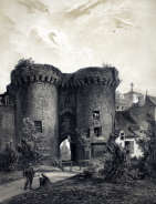 Zoom sur La porte Bucheresse à Laval vers 1850 - gravure reproduite et restaurée numériquement par © Norbert Pousseur