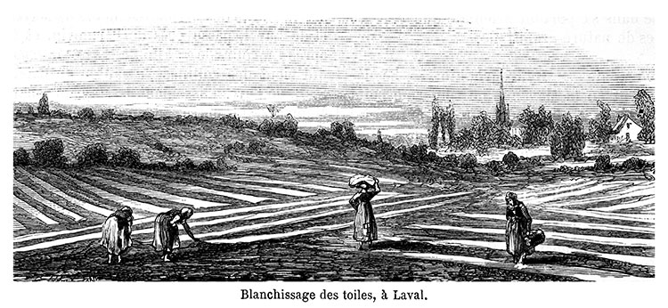 Blanchissage des toiles à Laval vers 1870 - gravure reproduite et restaurée numériquement par © Norbert Pousseur