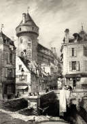Zoom sur L'ancien château de Laval vers 1850 - gravure reproduite et restaurée numériquement par © Norbert Pousseur