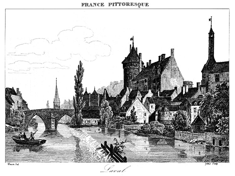 Laval, tout au long de la Mayenne vers 1830 - gravure reproduite et restaurée numériquement par © Norbert Pousseur Laval, tout au long de la Mayenne vers 1830 - gravure reproduite et restaurée numériquement par © Norbert Pousseur