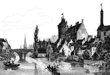 Zoom sur Laval, tout au long de la Mayenne vers 1830 - gravure reproduite et restaurée numériquement par © Norbert Pousseur