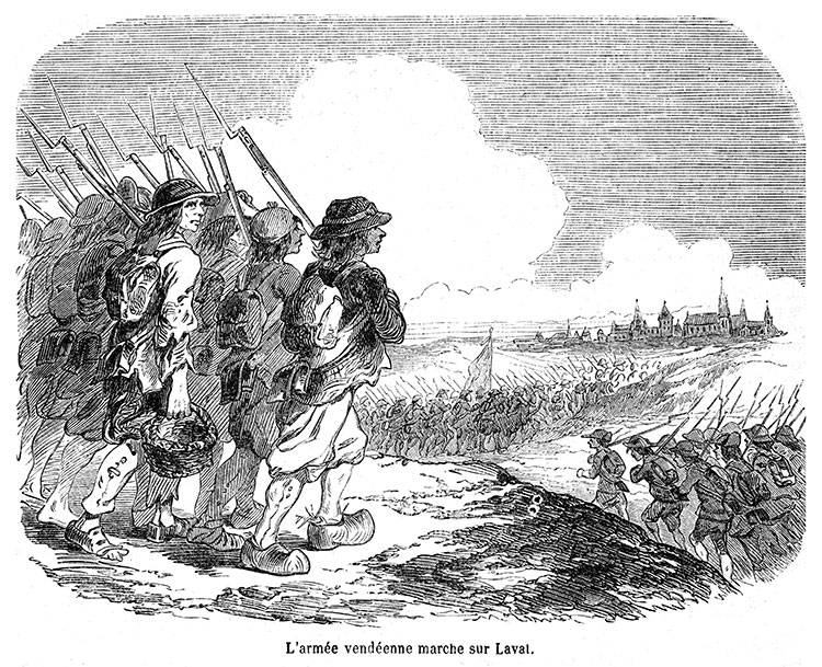 L'armée vendéenne marche sur Laval - gravure reproduite et restaurée numériquement par © Norbert Pousseur
