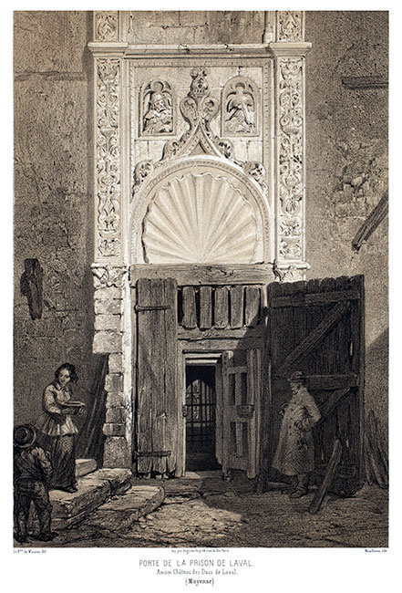 La porte de prison de l'ancien château de Laval vers 1850 - gravure reproduite et restaurée numériquement par © Norbert Pousseur